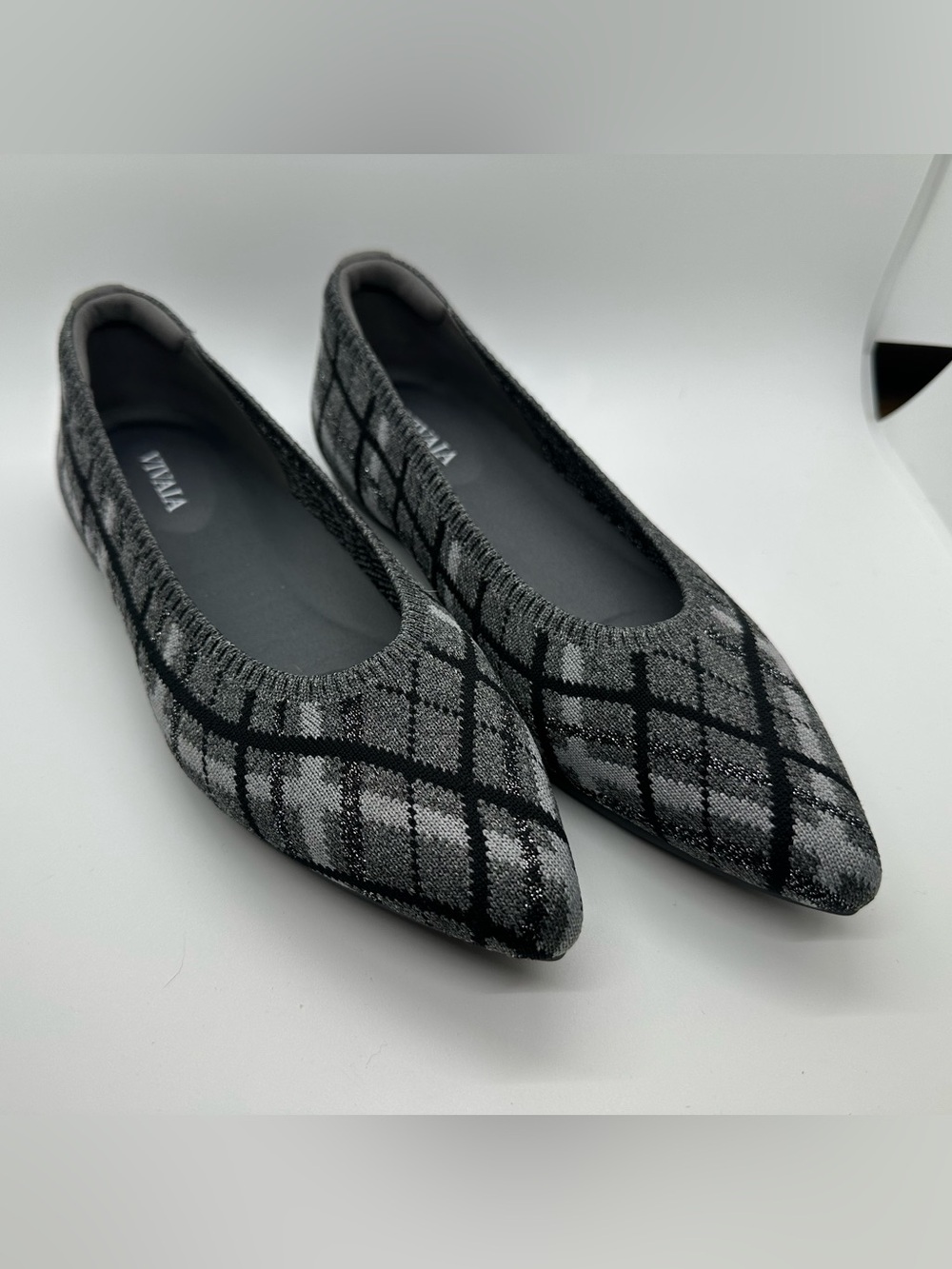 Vivaia Gray Plaid Knit Pointed-Toe Flats - Picture 2 of 3